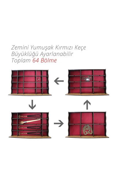 Design OTTO Luna 64 Bölmeli Makyaj Takı Koleksiyon Saat Dikiş Aksesuar Tespih Kutusu Düzenleyici Organizer Siyah
