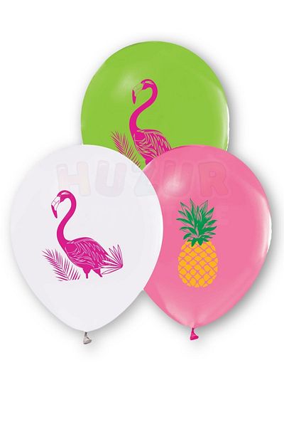 Huzur Party Store Flamingo Printed Balloon 10 Pieces 30 Cm Pineapple Leaf Detailed Birthday Party Themed Concept Ornament