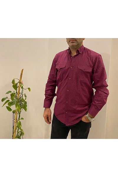 BENESSE Wide Cut Red Piti Checkered Long Sleeve Shirt