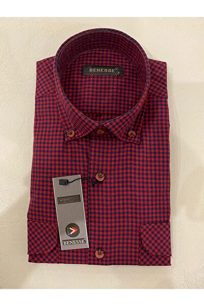 BENESSE Wide Cut Red Piti Checkered Long Sleeve Shirt