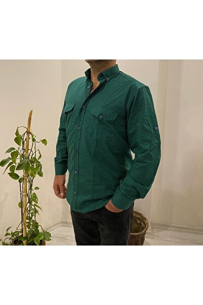 BENESSE Wide Cut Green Piti Checkered Long Sleeve Shirt