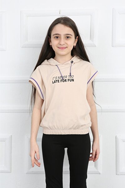 Genel Markalar Taş Renk Kapüşonlu Pamuklu Kolsuz Kız Çocuk Tshirt