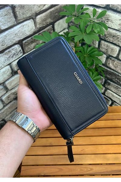 GUARD Double Zipper Navy Blue Leather Handbag