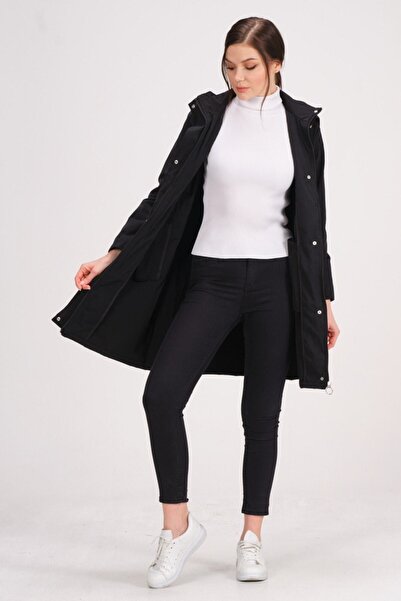 PIQUE Women's Black Removable Hooded Adjustable Waist Patterned Unlined Sezen Trench Coat