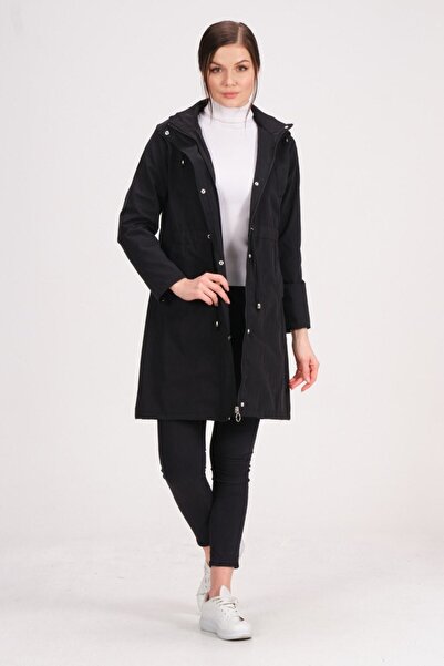 PIQUE Women's Black Removable Hooded Adjustable Waist Patterned Unlined Sezen Trench Coat