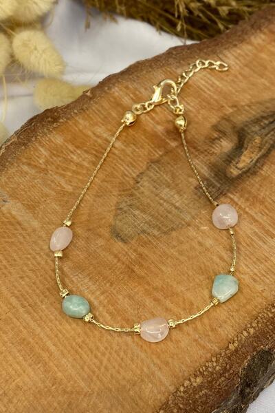 Suerte Accessories Tımbıl Pembe Kuvars Ve Akuamarin Doğal Gold Zincir Taşlı E...