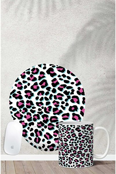Gizeo Concept Pembe Leopar Desenli Bilek Destekli Mouse Pad Kupa Seti