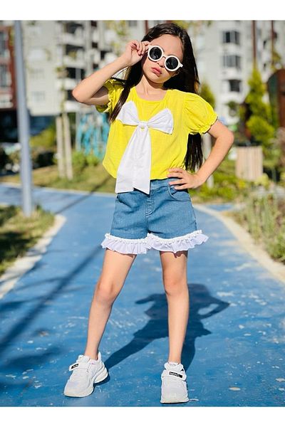 kokoşum baby طقم شورت وبلوزة من الدنيم من الأسفل للفتيات Usaq Paltar Qız Geyin