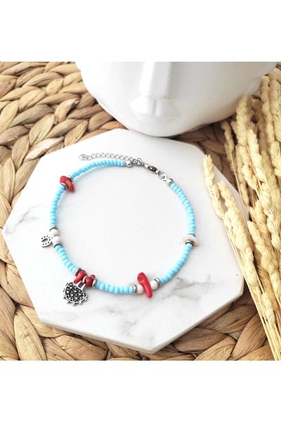 HALHALMILL Women's Hitit Sun Blue Beaded Coral Dangle Anklet