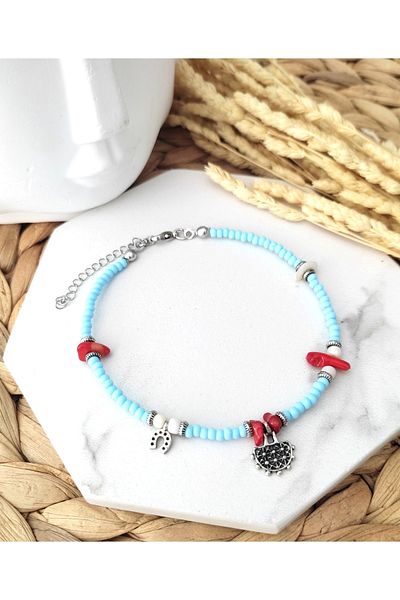 HALHALMILL Women's Hitit Sun Blue Beaded Coral Dangle Anklet