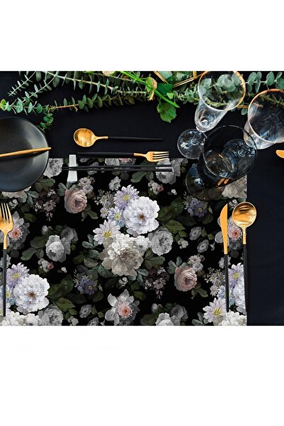 Adawall Black Floral Fabric American Service Set of 4 - 35x50cm (linen, NationalWashing and Fading Certificate)