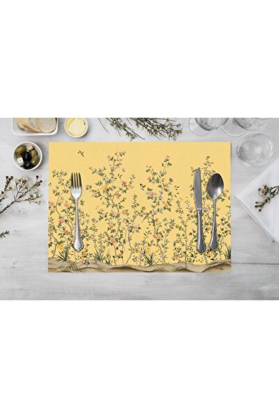Adawall Yellow Floral Design Fabric American Service Set of 4 Linen Fabric NationalWashing and Fading Certificate