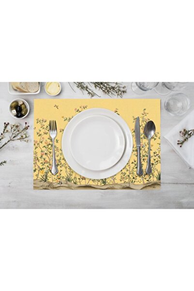Adawall Yellow Floral Design Fabric American Service Set of 4 Linen Fabric NationalWashing and Fading Certificate