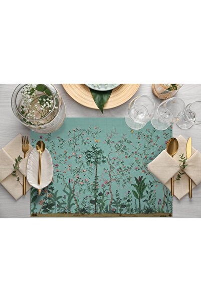 Adawall Turquoise Colored Floral Design Fabric American Service Set of 4 - NationalWashing and Fading Certificate