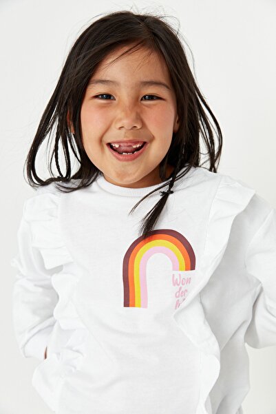 TRENDYOLKIDS Silná dívčí pletená mikina s bílým nabíraným potiskem