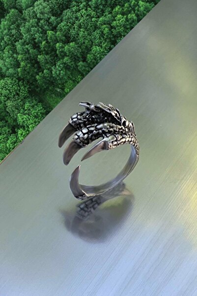 THE Gifts Antik Gümüş Kaplama Ejderha Pençesi Tasarımlı Ayarlanabilir Yüzük