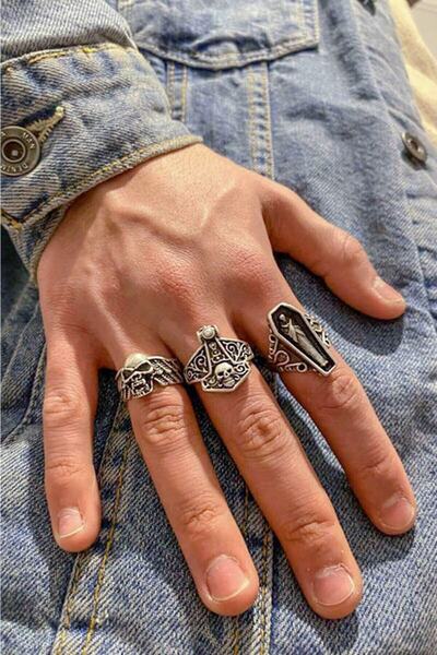 THE Gifts 3 Lü Kurukafa Viking Tabut Gümüş Kaplama Ayarlanabilir Yüzük Set