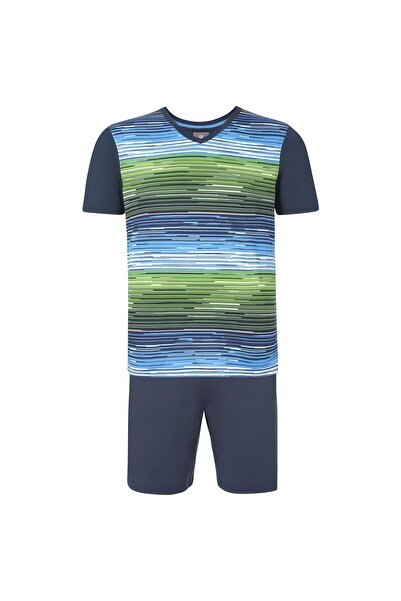 Nur Aka by Nurteks Men's Striped Pattern V-Neck Embroidered Pajama Set