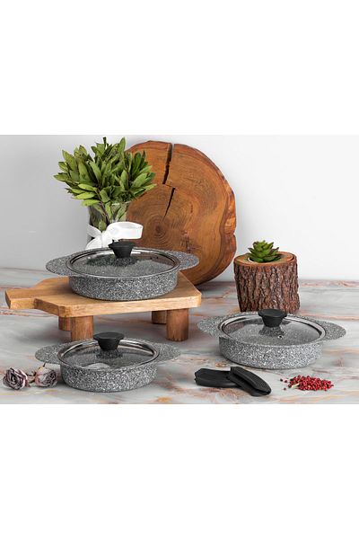 Taç Granite Plus 3-Piece Pan Set with Plug/Remove Silicone Handles