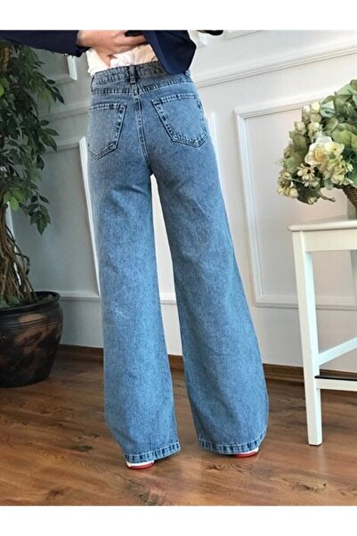 LİMABEL Γυναικείο τζιν Super Υψηλή Μέση Ελαστικό Μπλε Χαλαρό Πλύσιμο με Φαρδύ Μπατζάκι