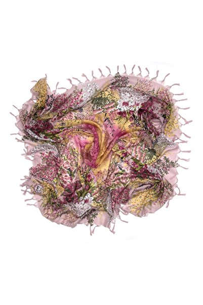 Naz Ipek Çiçekli Pamuklu Boncuklu Yazma 110cm X 110cm Pudra