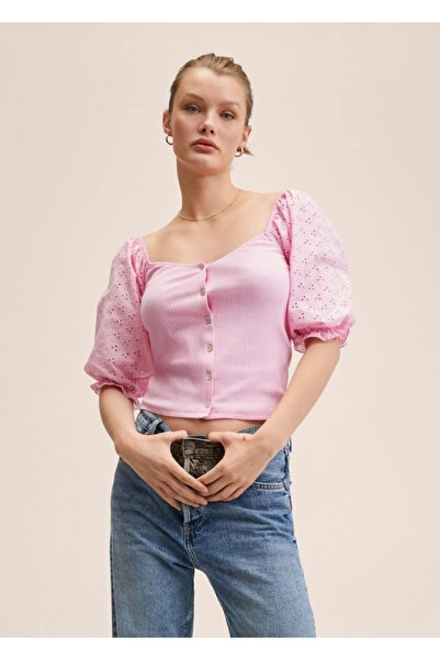 MANGO Woman Μπλουζάκι με κεντημένα μανίκια