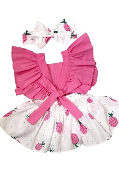 Ladies Kız Çocuk Pembe Ananas Desenli Bandanalı Salopet Set