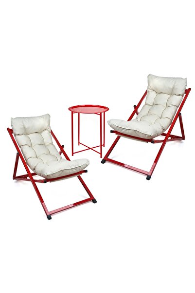 HUNDEMİR Premium Konfor Minderli Katlanır İkili Set 2 Şezlong 1 Sehpa Bahçe B...