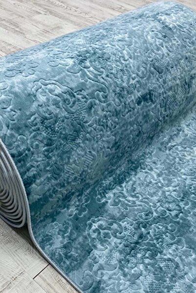 ELVİRAHOME Emboss Sultanate Blue All-Season Washable Non-Slip Base Cut Runner