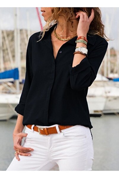 Genel Markalar Kadın Siyah Dokuma Viskon Kumaş Basic Gömlek