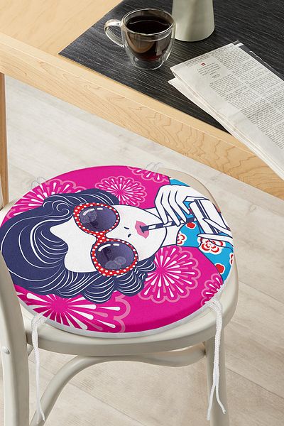 Realhomes Fashion Girl Modern Round Zippered Chair Cushion with Glasses on Pink Floor