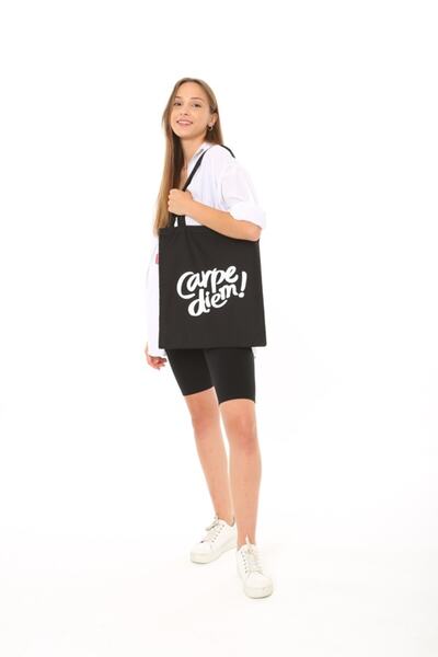 Serkan Çanta Bez Çanta Atölyesi Black Cloth Bag Carpediem Printed