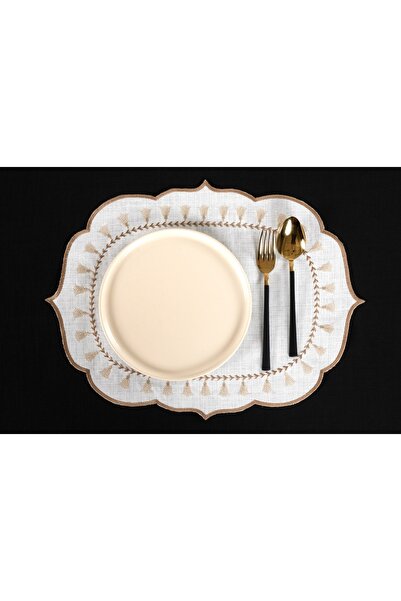 Peno Concept 2'li Amerikan Servis (SUPLA) Nakışlı Dertsiz Gardenya Keten Püskül