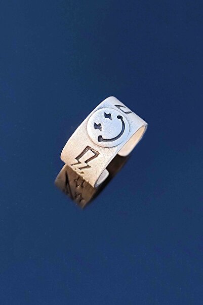 TREND COLLECTİON Smile Gülen Yüz Şimşek Motif Gümüş Kaplama Ayarlanabilir Yüzük