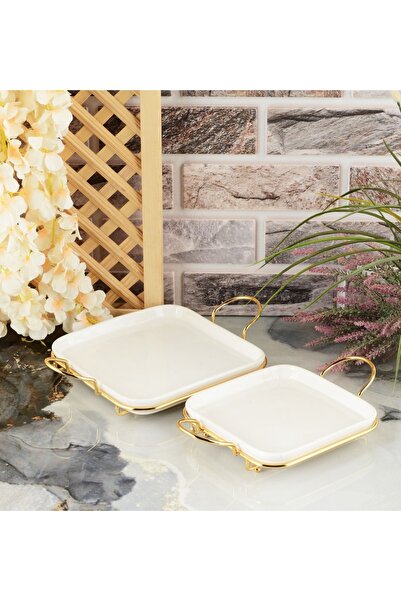 Gerçektrend Ceramic Presentation Bowl with Gold Handle 24x24cm