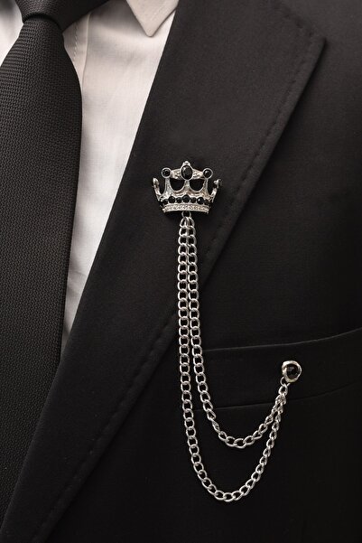 Esgue Kral Taçlı Gümüş Renk Taşlı Zincirli Yaka Iğnesi