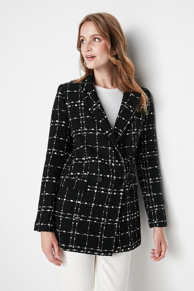 Trendyol Collection Schwarzer Tweed Blazer mit normaler Webart und Karomuster TWOAW21CE0105