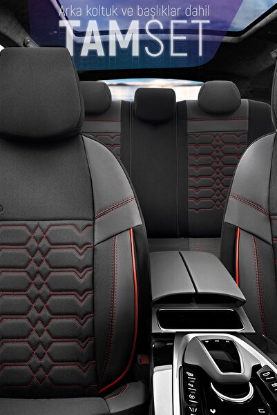 Otom Oto Koltuk Kılıfı Tam Set Özel Tasarım Siyah Kırmızı - Elegance