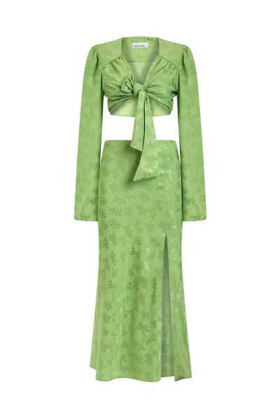 Urban Muse Patterned Jacquard Skirt Blouse Set – Green