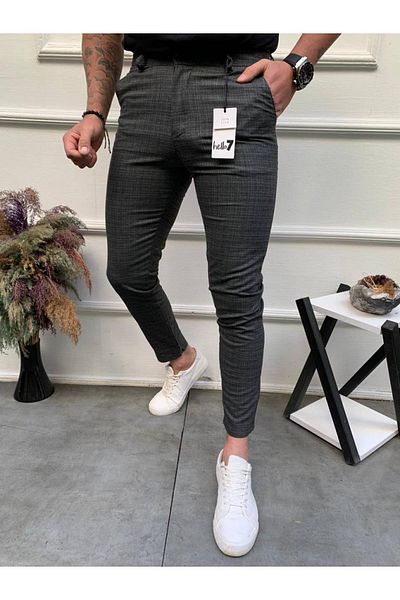 Ser Joven Men's Black Slim Fit Patterned Fabric Trousers