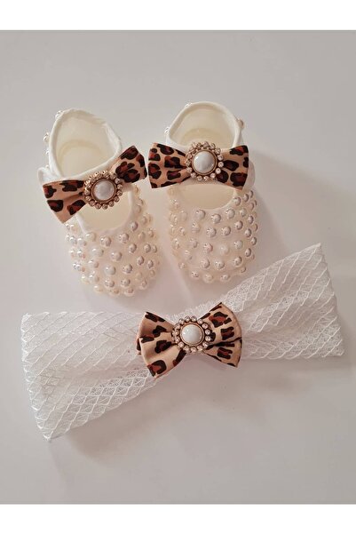 onlinebaby Kız Bebek Incili Patik Bandana Set Leopar 0-6 Ay