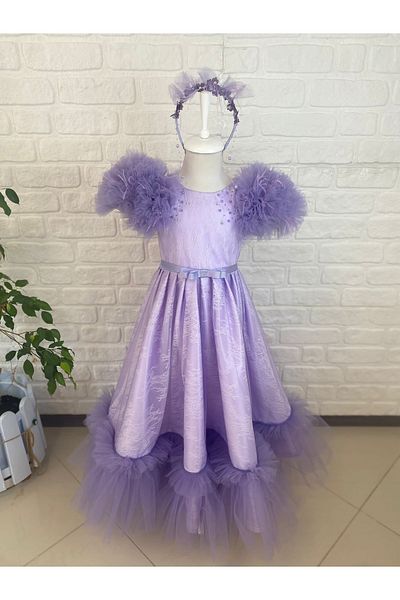 Black&White Rochie din dantela frantuzeasca cu maneci tutu liliac cu pene, rochie de zi de nastere