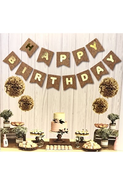 Huzur Party Store Kraft Karton Üstüne Gold Altın Sarısı Yaldızlı Happy Birthd...
