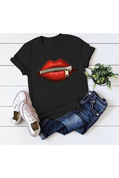 merlavin Femei Negru, Tricou din bumbac cu imprimeu buzelor din material jers...