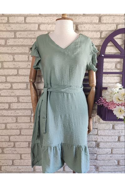 merlavin Rochie de damă, verde, cu volane, cu curea din țesătură Aerobin, 88 cm (VERDE TURCOAZ)