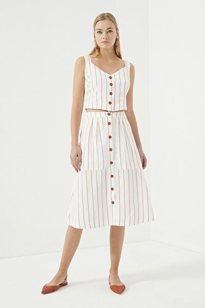 Just Like You Kırmızı Çizgili Önü Düğmeli Etek