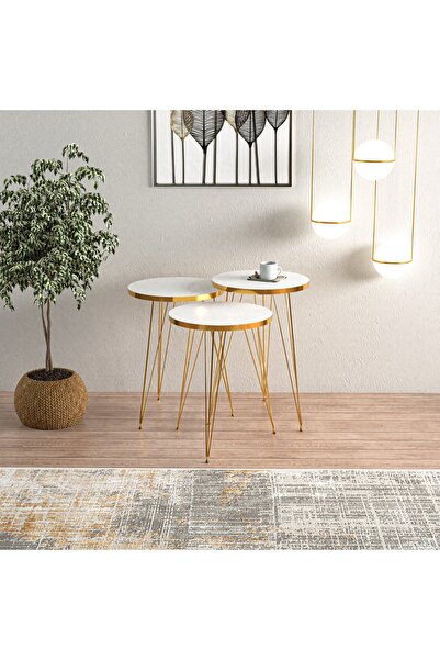 EGEMODÜLER Beyaz Gold Metal Ayaklı Gold Detaylı Zigon Sehpa