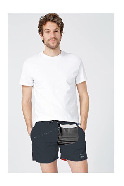 Genel Markalar Lacivert/siyah Erkek Cep Fermuarlı Est Ny Baskılı Deniz Şortu