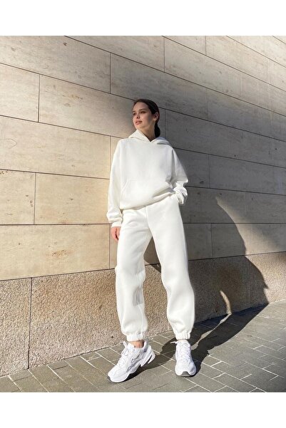 MAİ COLLECTİON Γυναικεία φόρμα Wrstbhwr με κουκούλα λευκή διπλή φόρμα
