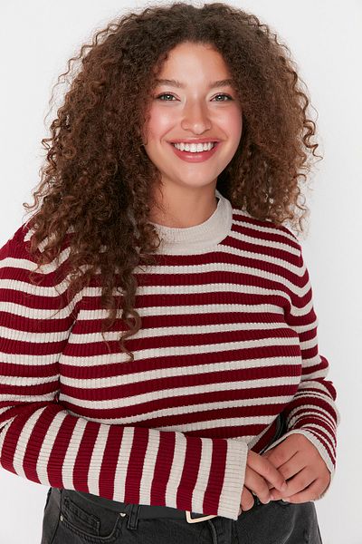 Trendyol Curve Claret Red Striped Corded Body Wrap Knitwear Sweater Tbbaw23An00019